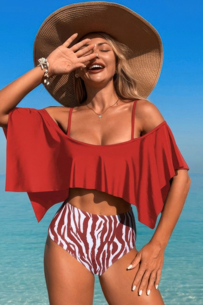 Ruffle Top High Waisted Bottom Tankini Swimsuit - Red by FREYA’S CLOSET from FREYA’S CLOSET