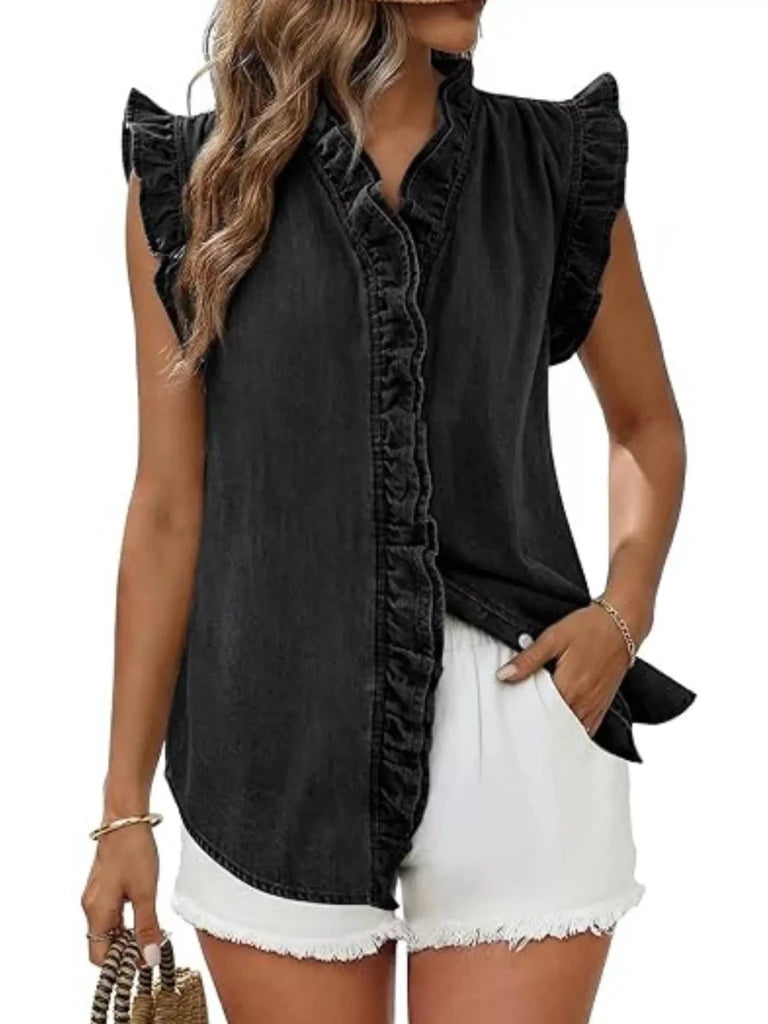 Ruffle trim V-neck sleeveless denim top, alternate product image