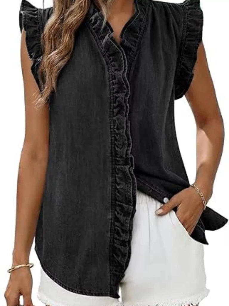 Ruffle trim V-neck sleeveless denim top, alternate product image