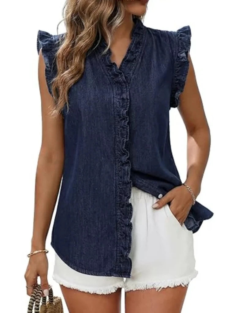 Ruffle trim V-neck sleeveless denim top, alternate product image
