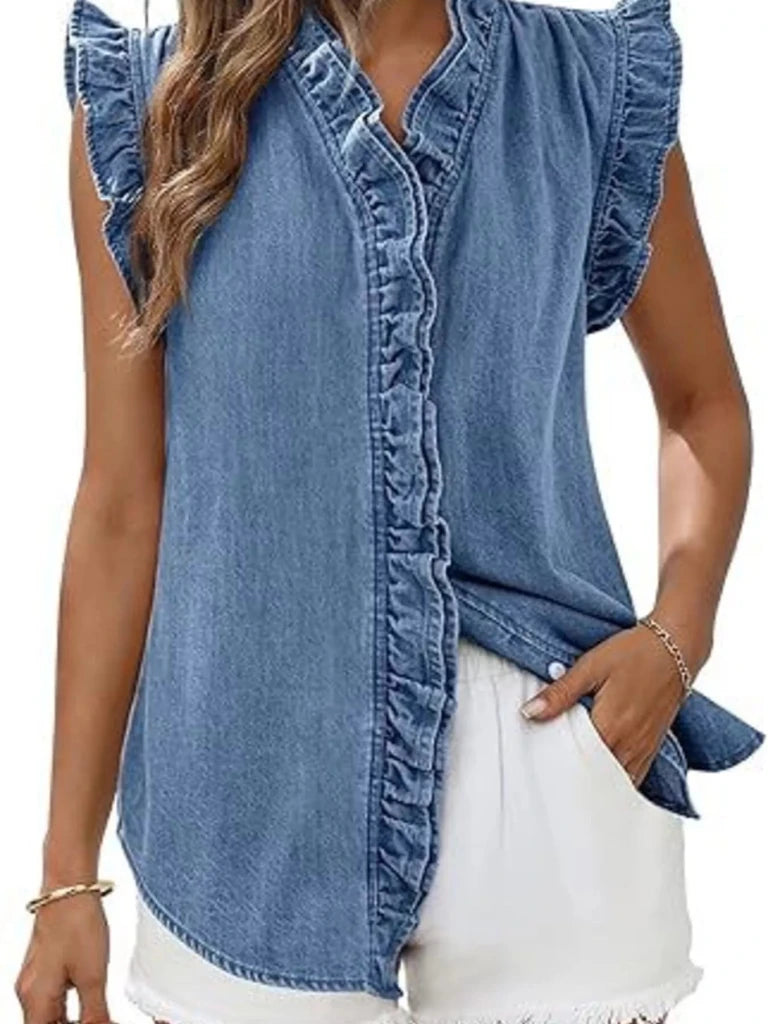 Ruffle trim V-neck sleeveless denim top, alternate product image