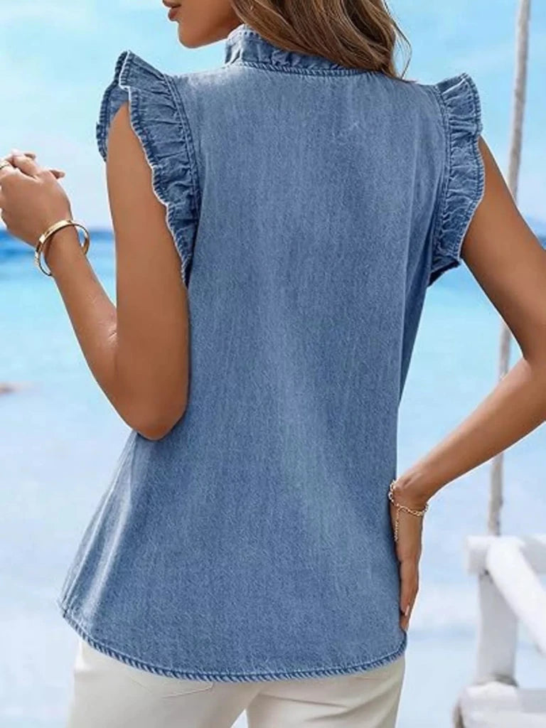 Ruffle trim V-neck sleeveless denim top, alternate product image