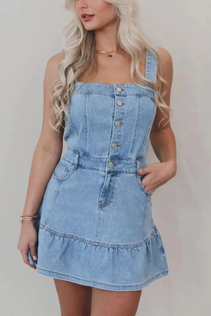Ruffled Hem Button Front Square Neck Denim Dress - Medium by Trendsi from FREYA’S CLOSET