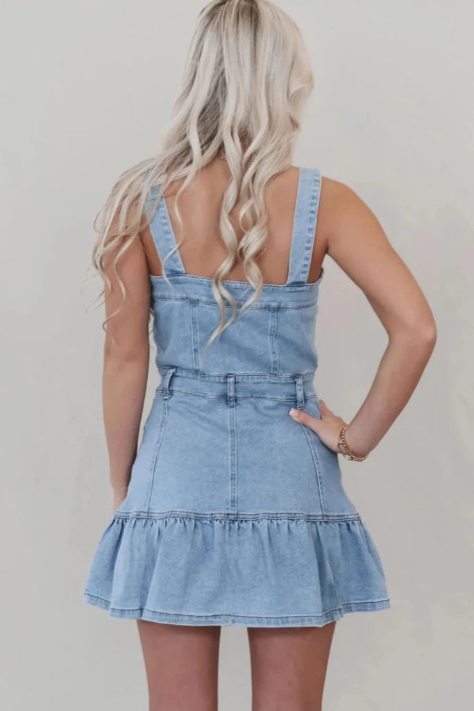 Ruffled Hem Button Front Square Neck Denim Dress - Medium by Trendsi from FREYA’S CLOSET