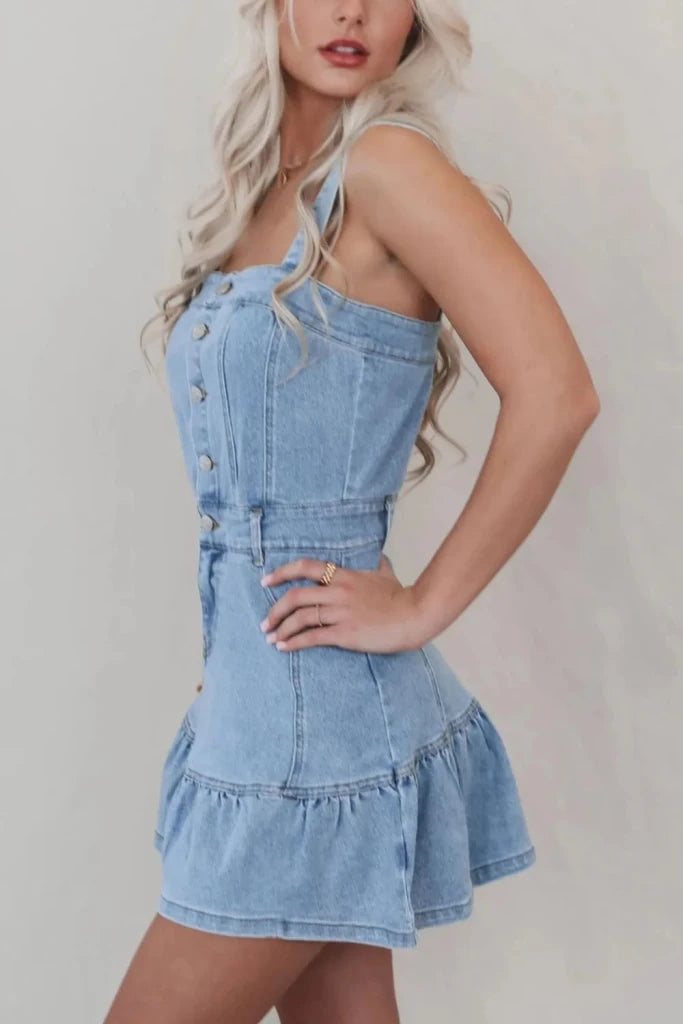 Ruffled Hem Button Front Square Neck Denim Dress - Medium by Trendsi from FREYA’S CLOSET