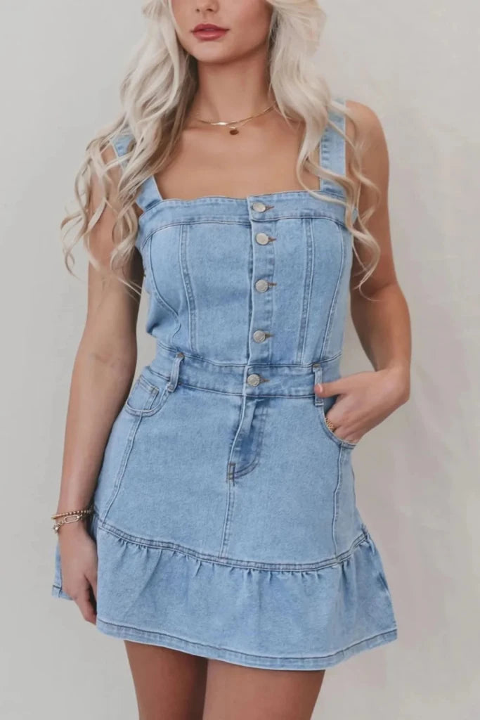 Ruffled Hem Button Front Square Neck Denim Dress - Medium by Trendsi from FREYA’S CLOSET