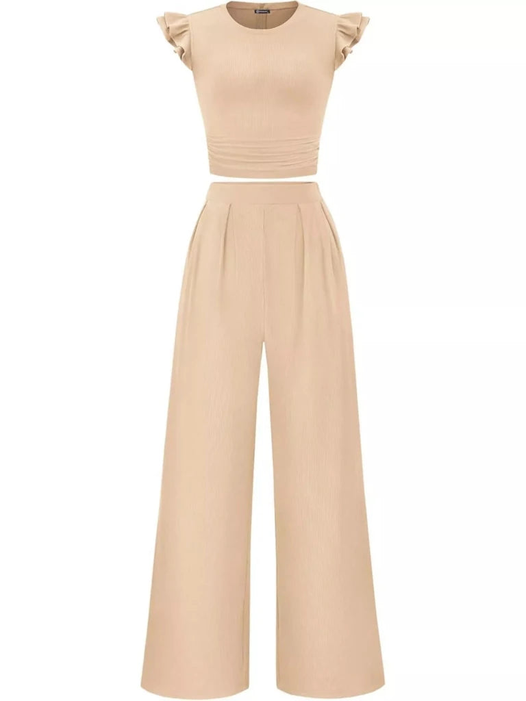Ruffled mock neck top and wide-leg pants set, alternate product image