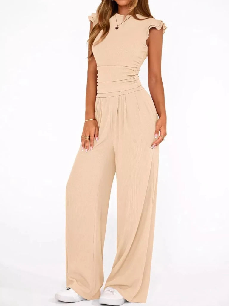 Ruffled mock neck top and wide-leg pants set, alternate product image