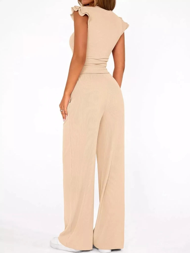 Ruffled mock neck top and wide-leg pants set, alternate product image