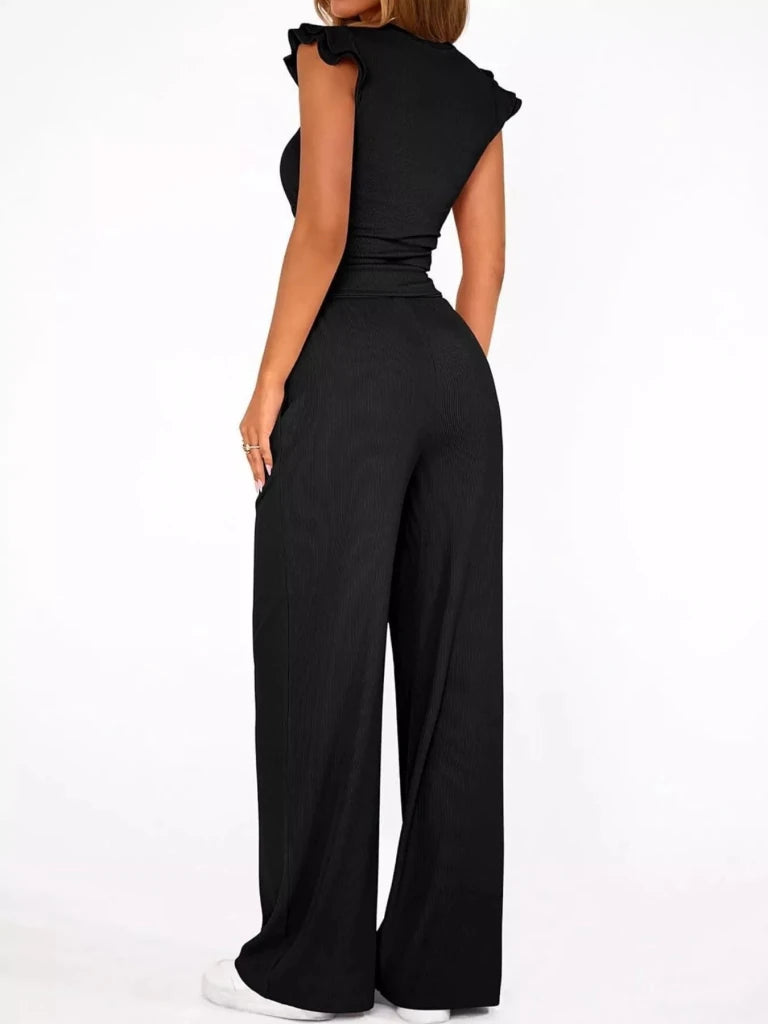 Ruffled mock neck top and wide-leg pants set, alternate product image