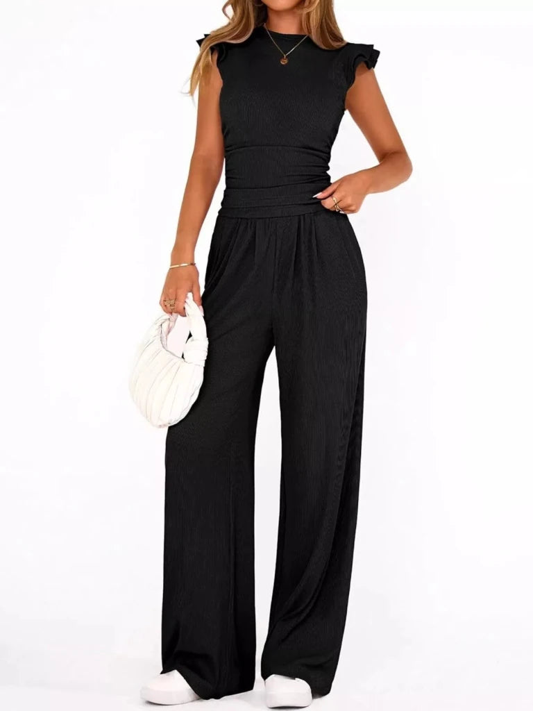 Ruffled mock neck top and wide-leg pants set, alternate product image