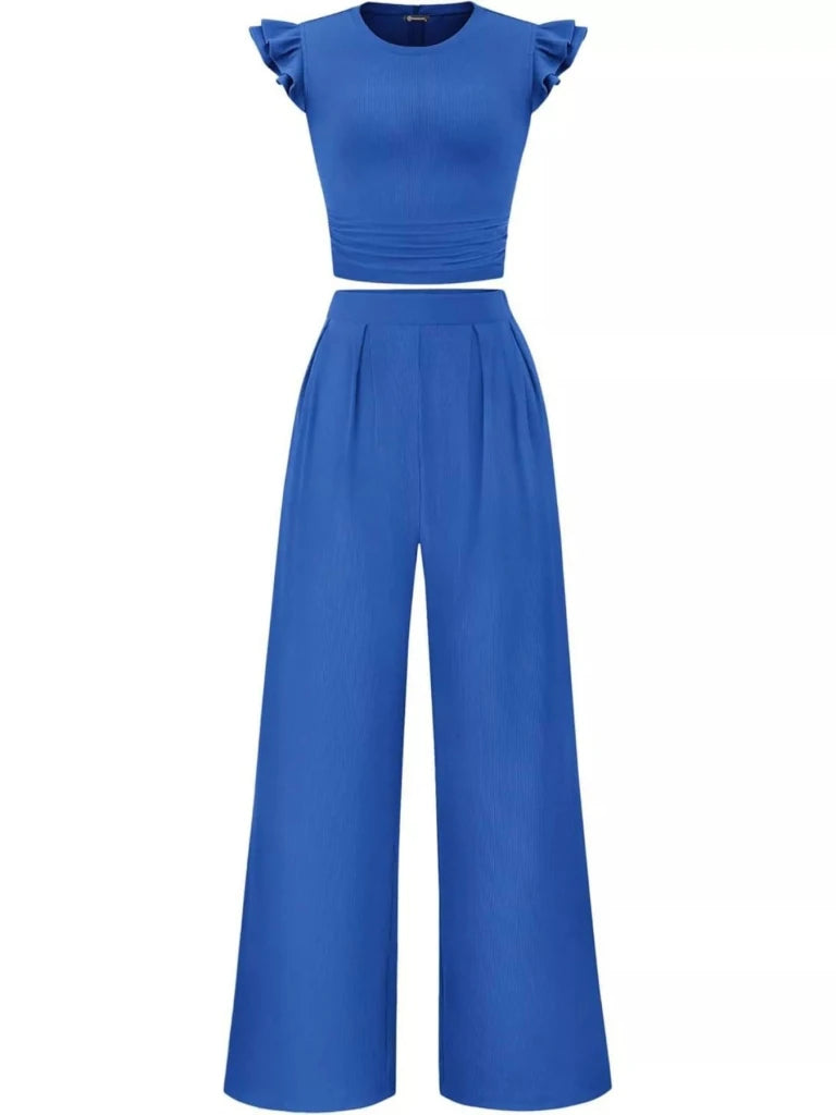 Ruffled mock neck top and wide-leg pants set, alternate product image