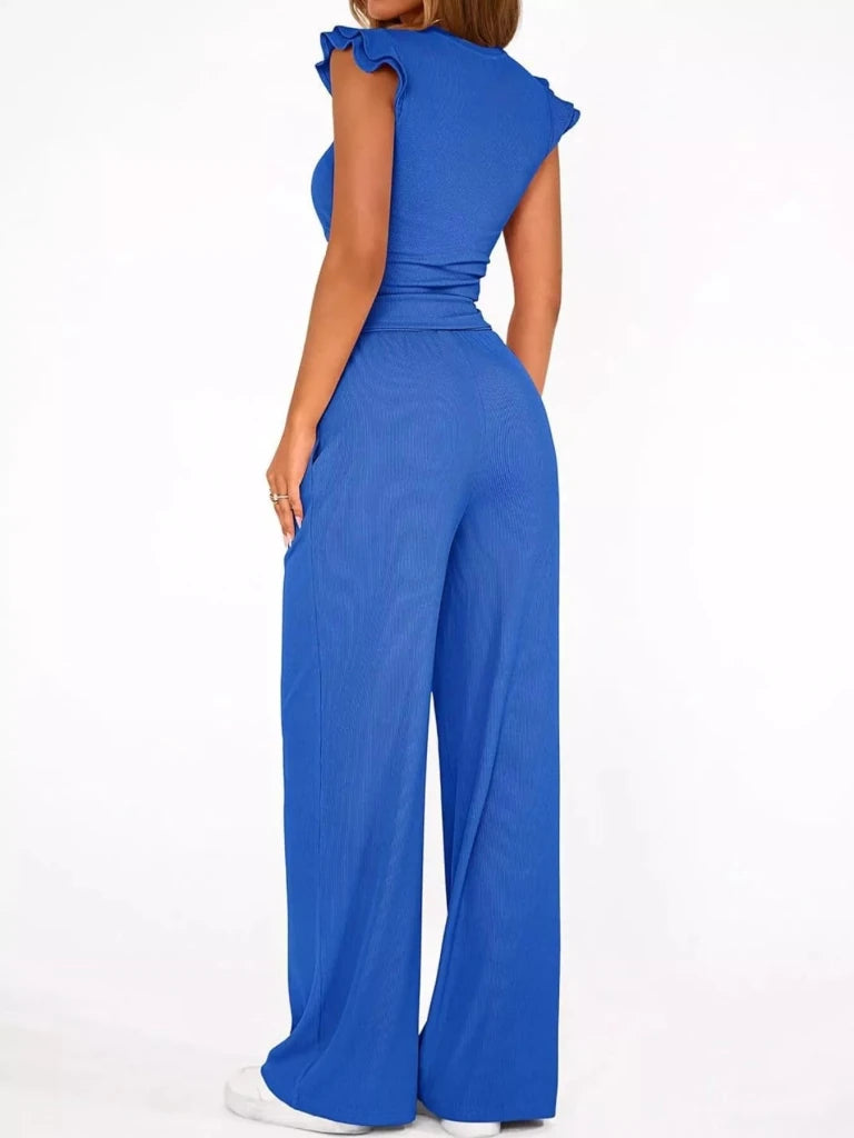 Ruffled mock neck top and wide-leg pants set, alternate product image