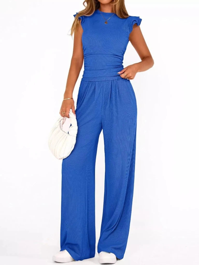 Ruffled mock neck top and wide-leg pants set, alternate product image