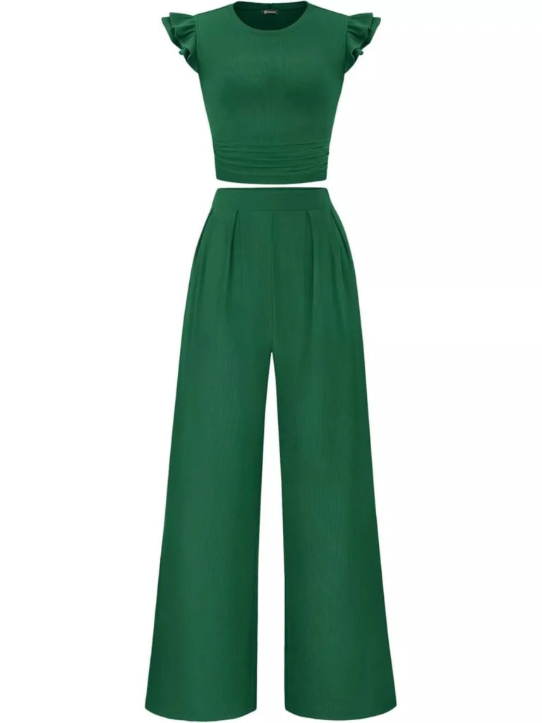 Ruffled mock neck top and wide-leg pants set, alternate product image