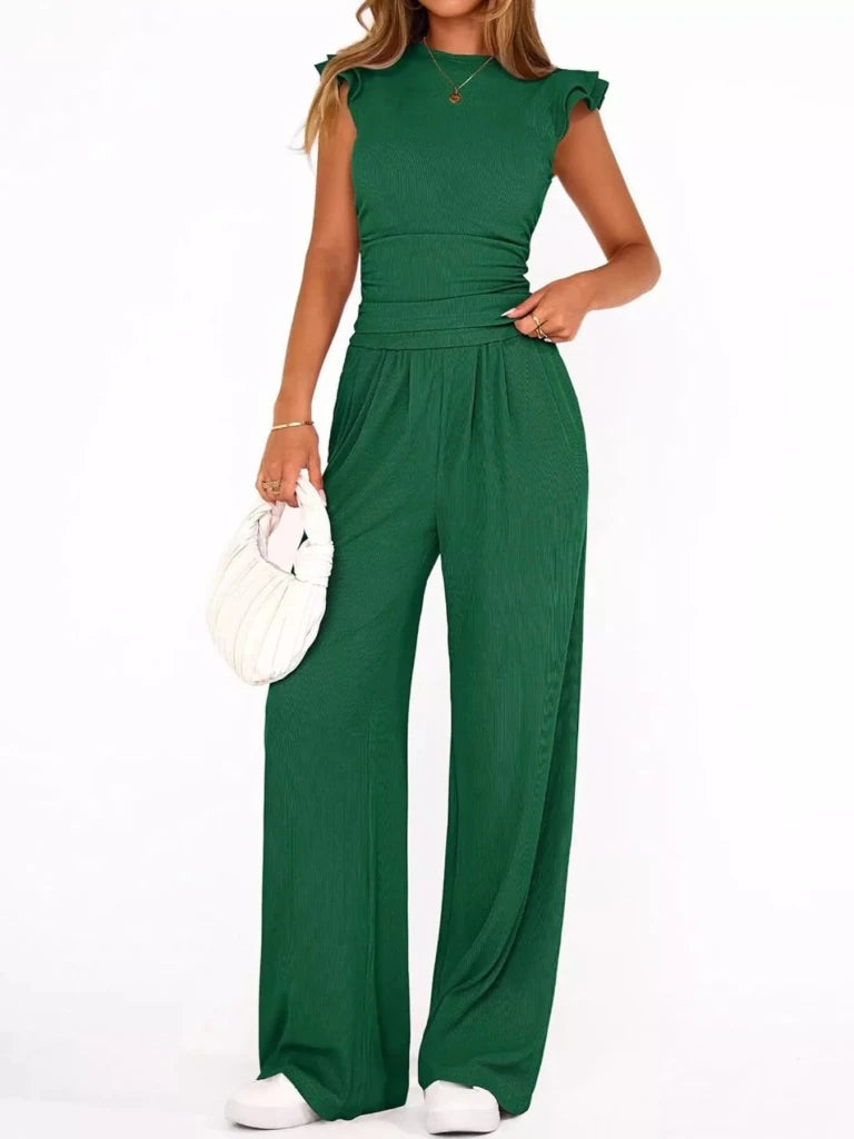 Ruffled mock neck top and wide-leg pants set, alternate product image