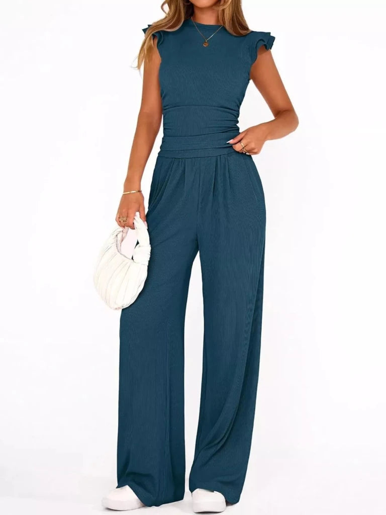 Ruffled mock neck top and wide-leg pants set, alternate product image