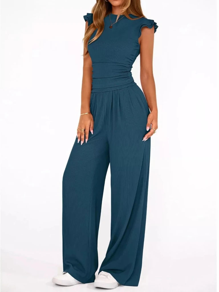 Ruffled mock neck top and wide-leg pants set, alternate product image