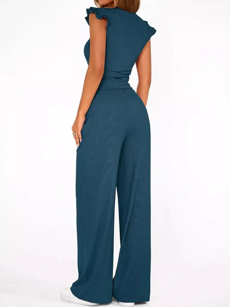 Ruffled mock neck top and wide-leg pants set, alternate product image