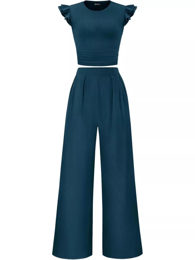 Ruffled mock neck top and wide-leg pants set, alternate product image