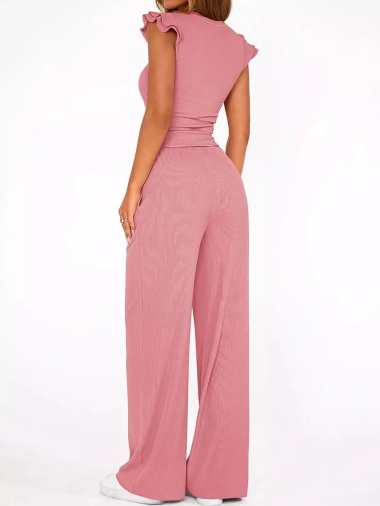 Ruffled mock neck top and wide-leg pants set, alternate product image