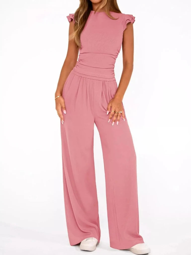Ruffled mock neck top and wide-leg pants set, alternate product image