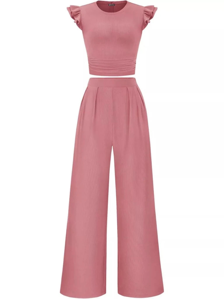 Ruffled mock neck top and wide-leg pants set, alternate product image