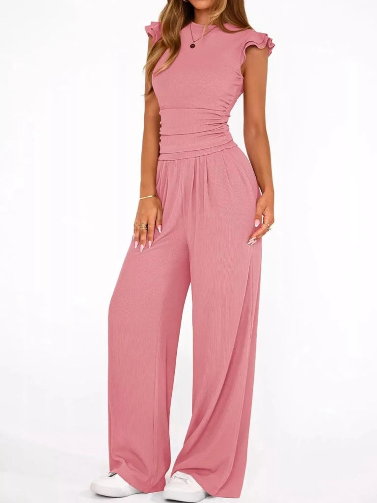 Ruffled mock neck top and wide-leg pants set, alternate product image