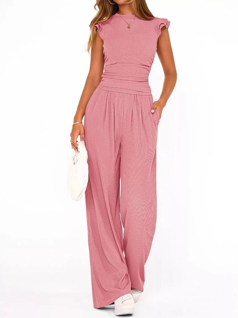 Ruffled mock neck top and wide-leg pants set, alternate product image