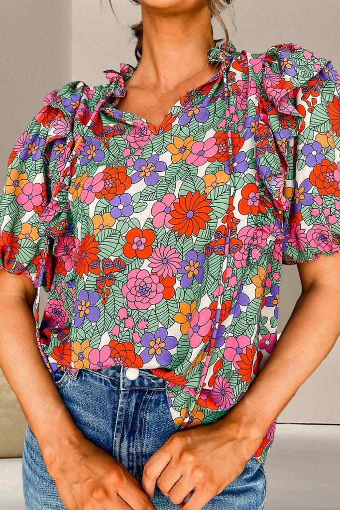 Ruffled Printed Tie Neck Short Sleeve Blouse - Floral by Trendsi from FREYA’S CLOSET