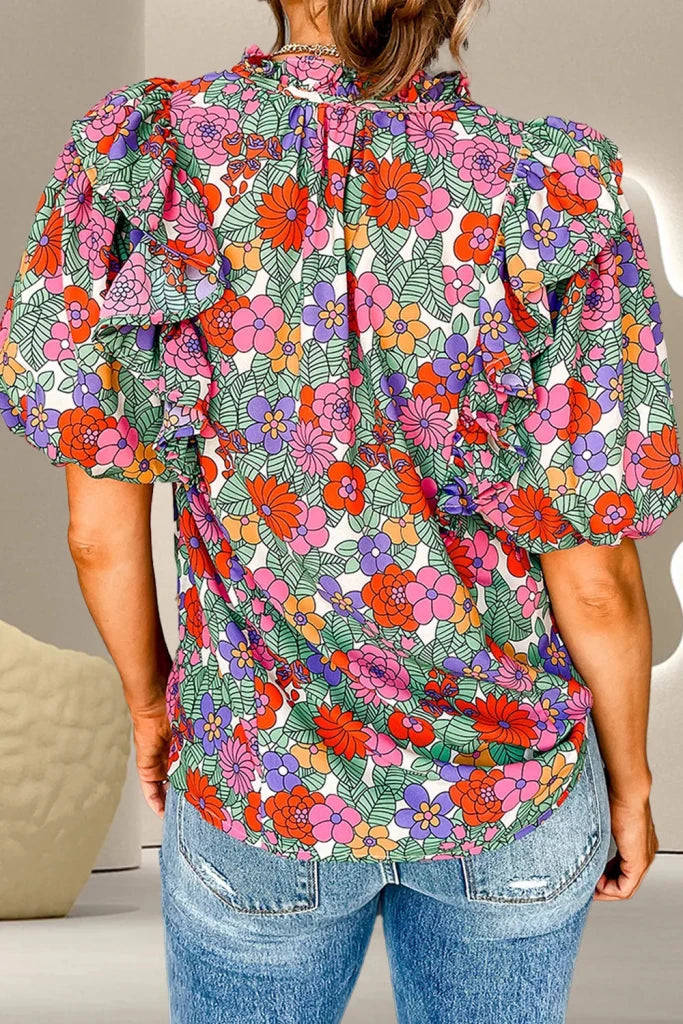 Ruffled Printed Tie Neck Short Sleeve Blouse - Floral by Trendsi from FREYA’S CLOSET