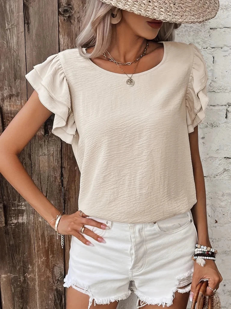 Ruffled Round Neck Cap Sleeve Blouse - Dust Storm by Trendsi from FREYA’S CLOSET