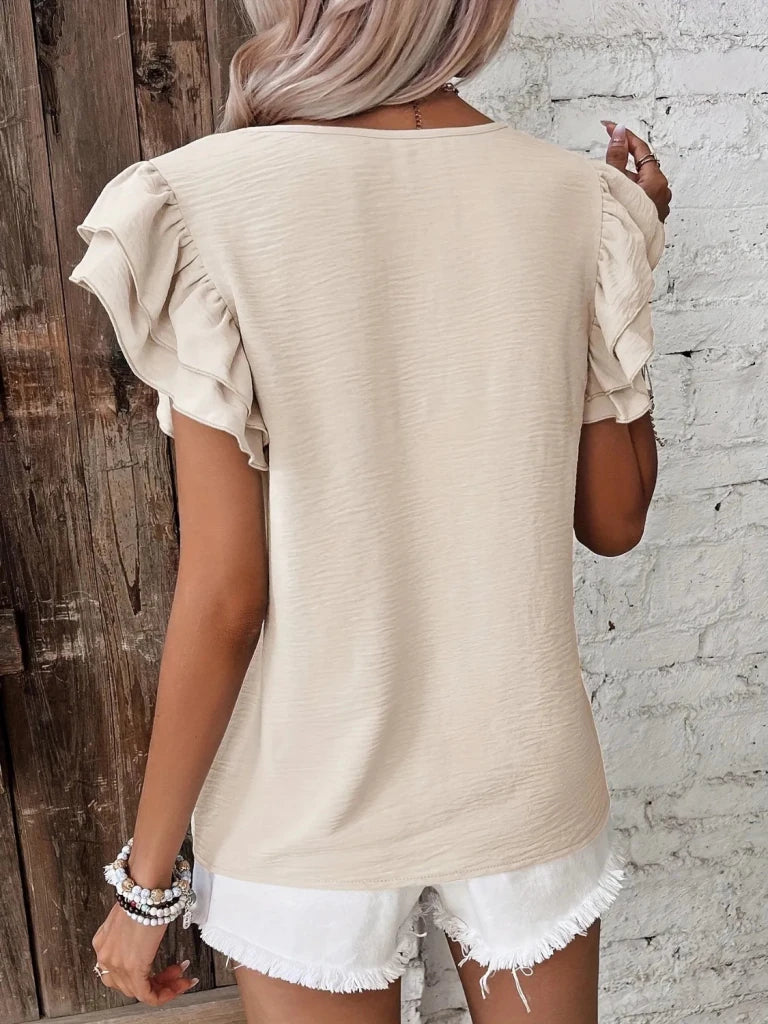 Ruffled Round Neck Cap Sleeve Blouse - Dust Storm by Trendsi from FREYA’S CLOSET