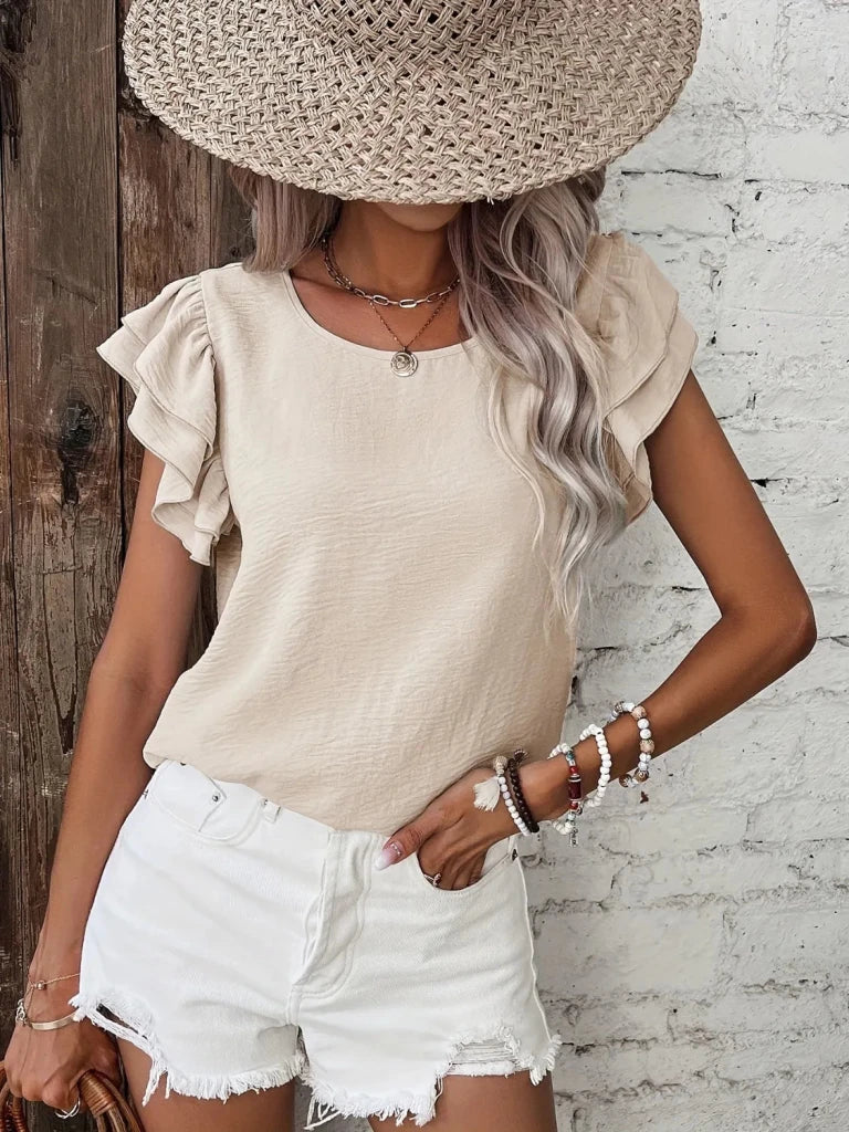 Ruffled Round Neck Cap Sleeve Blouse - Dust Storm by Trendsi from FREYA’S CLOSET