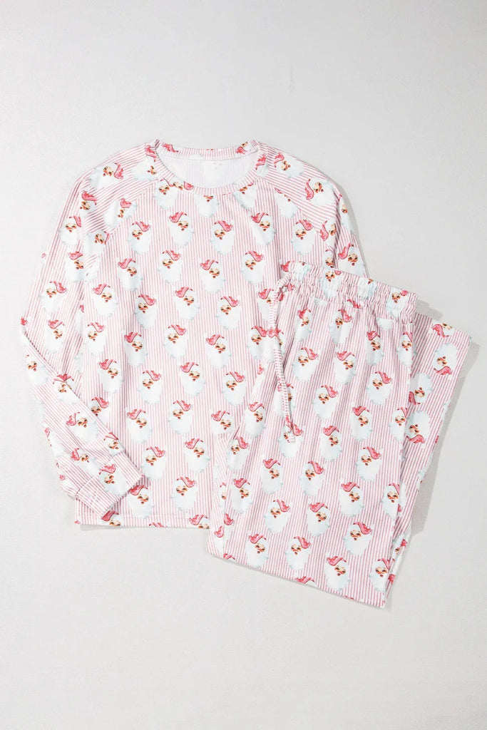 Santa Print Long Sleeve Top and Pants Lounge Set - Blush Pink by Trendsi from FREYA’S CLOSET