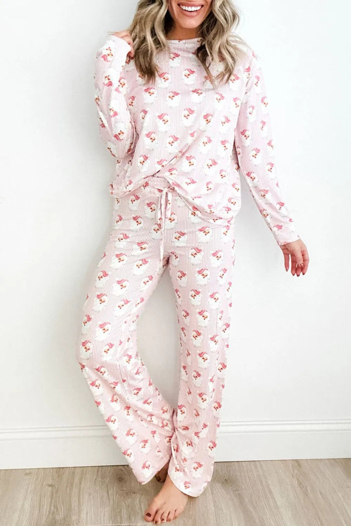 Santa Print Long Sleeve Top and Pants Lounge Set - Blush Pink by Trendsi from FREYA’S CLOSET
