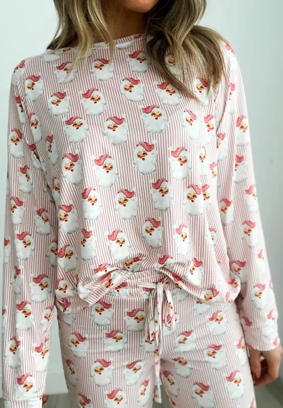 Santa Print Long Sleeve Top and Pants Lounge Set - Blush Pink by Trendsi from FREYA’S CLOSET