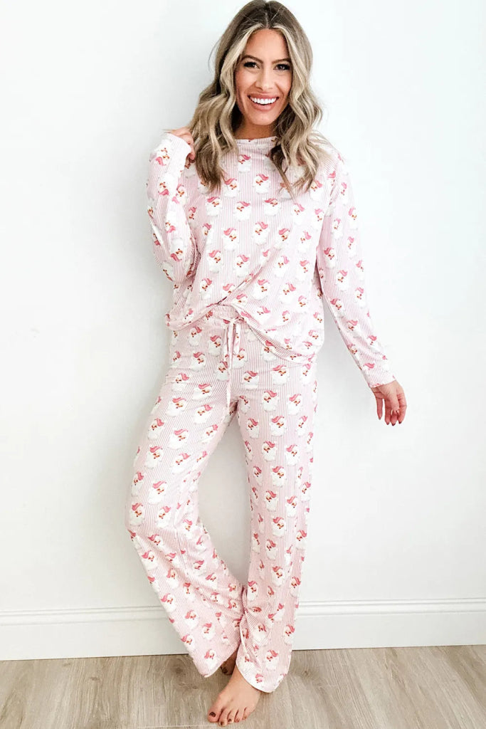 Santa Print Long Sleeve Top and Pants Lounge Set - Blush Pink by Trendsi from FREYA’S CLOSET