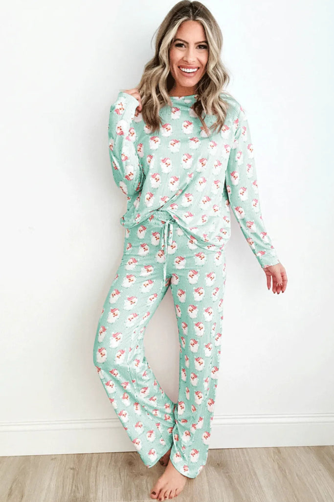 Santa Print Long Sleeve Top and Pants Lounge Set - Light Green by Trendsi from FREYA’S CLOSET