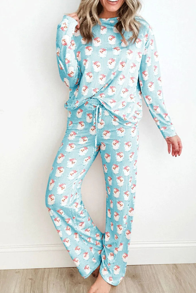 Santa Print Long Sleeve Top and Pants Lounge Set - Pastel Blue by Trendsi from FREYA’S CLOSET