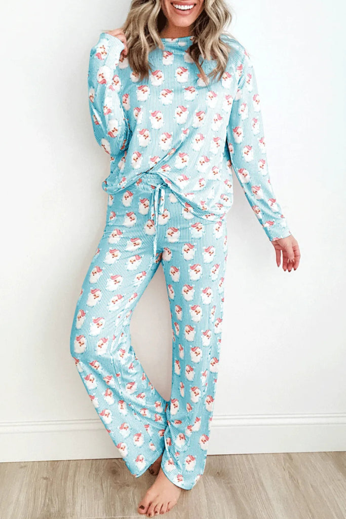 Santa Print Long Sleeve Top and Pants Lounge Set - Pastel Blue by Trendsi from FREYA’S CLOSET