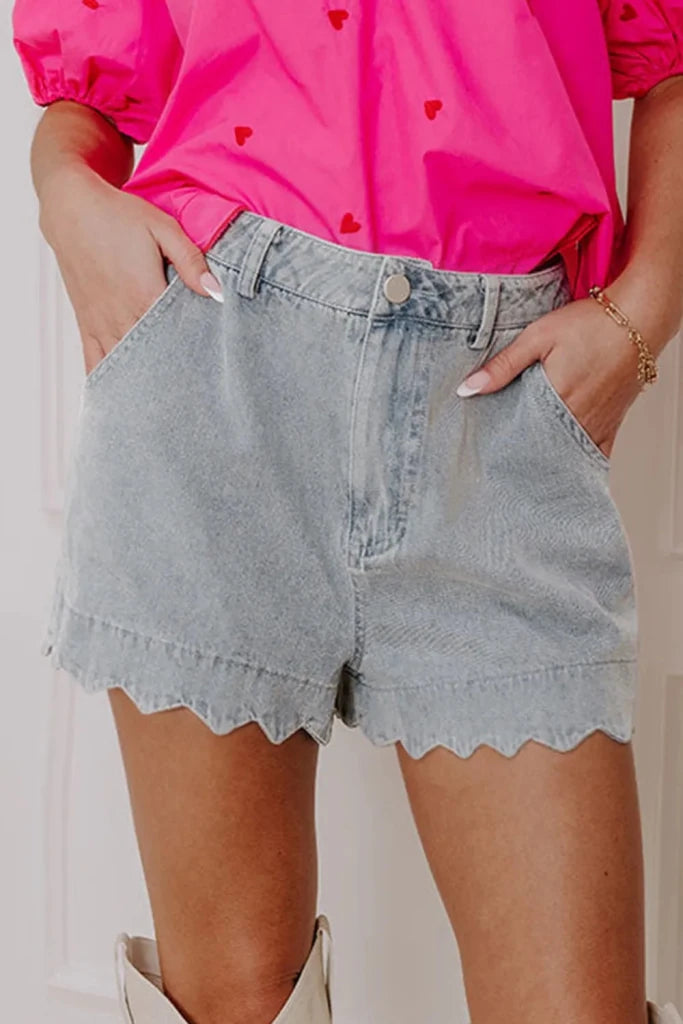 Scalloped Hem Denim Shorts - Light Blue by Trendsi from FREYA’S CLOSET