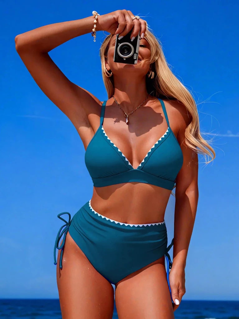 Scalloped Trim High - Waisted Swim Set - Peacock Blue by Trendsi from FREYA’S CLOSET