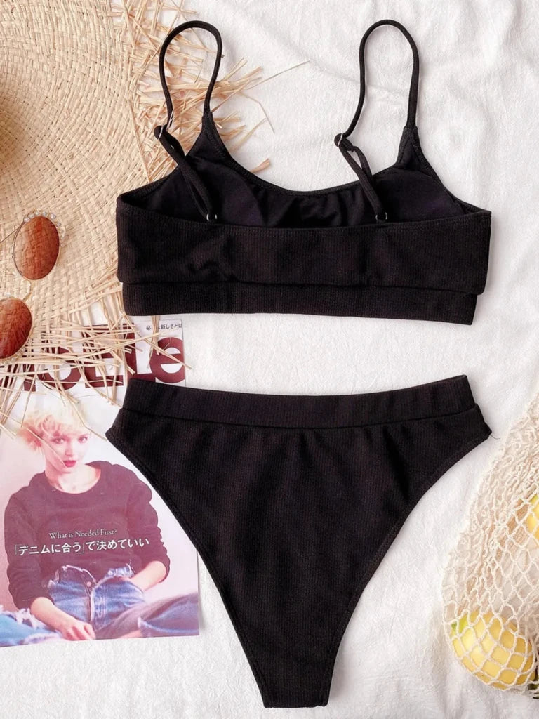 Scoop Neck Spaghetti Strap Two - Piece Swim Set - Black by Trendsi from FREYA’S CLOSET