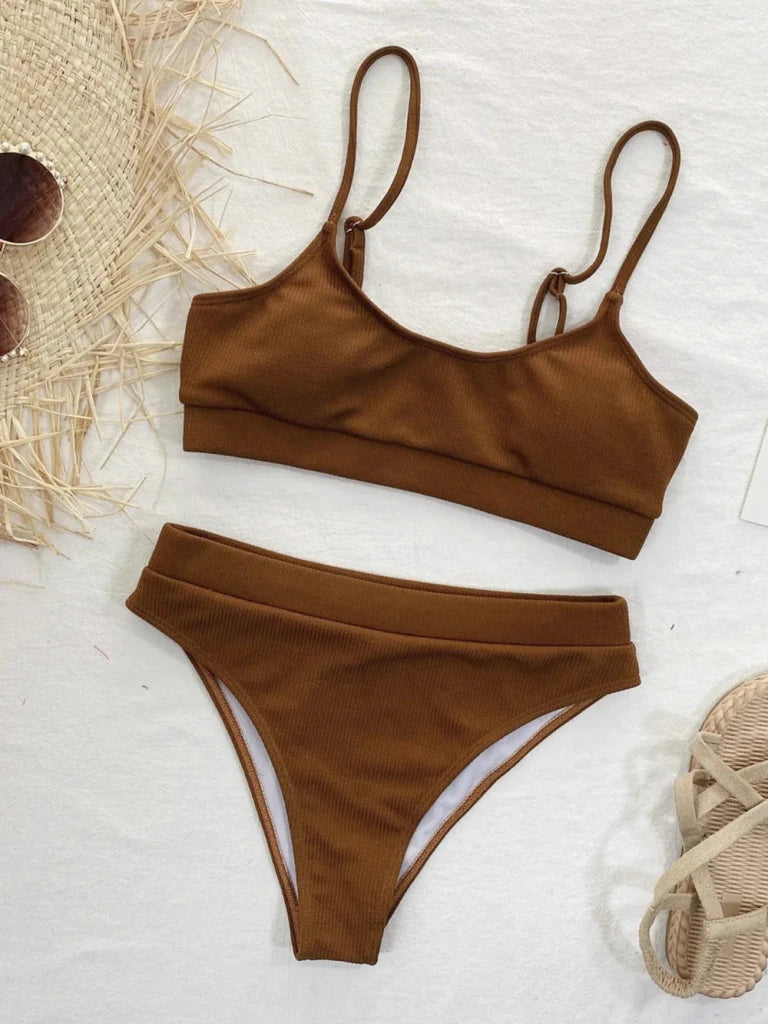 Scoop Neck Spaghetti Strap Two - Piece Swim Set - Brown by Trendsi from FREYA’S CLOSET