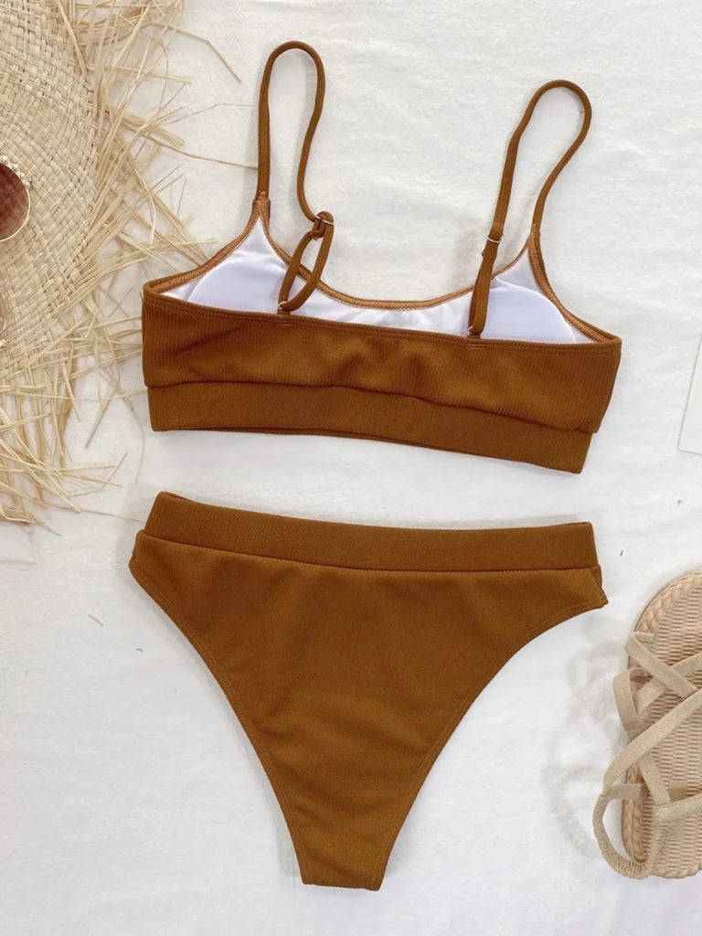 Scoop Neck Spaghetti Strap Two - Piece Swim Set - Brown by Trendsi from FREYA’S CLOSET