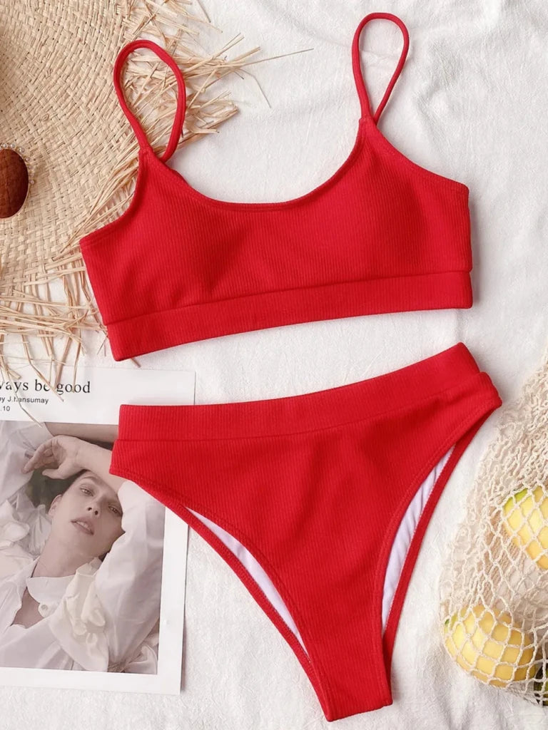 Scoop Neck Spaghetti Strap Two - Piece Swim Set - Red by Trendsi from FREYA’S CLOSET