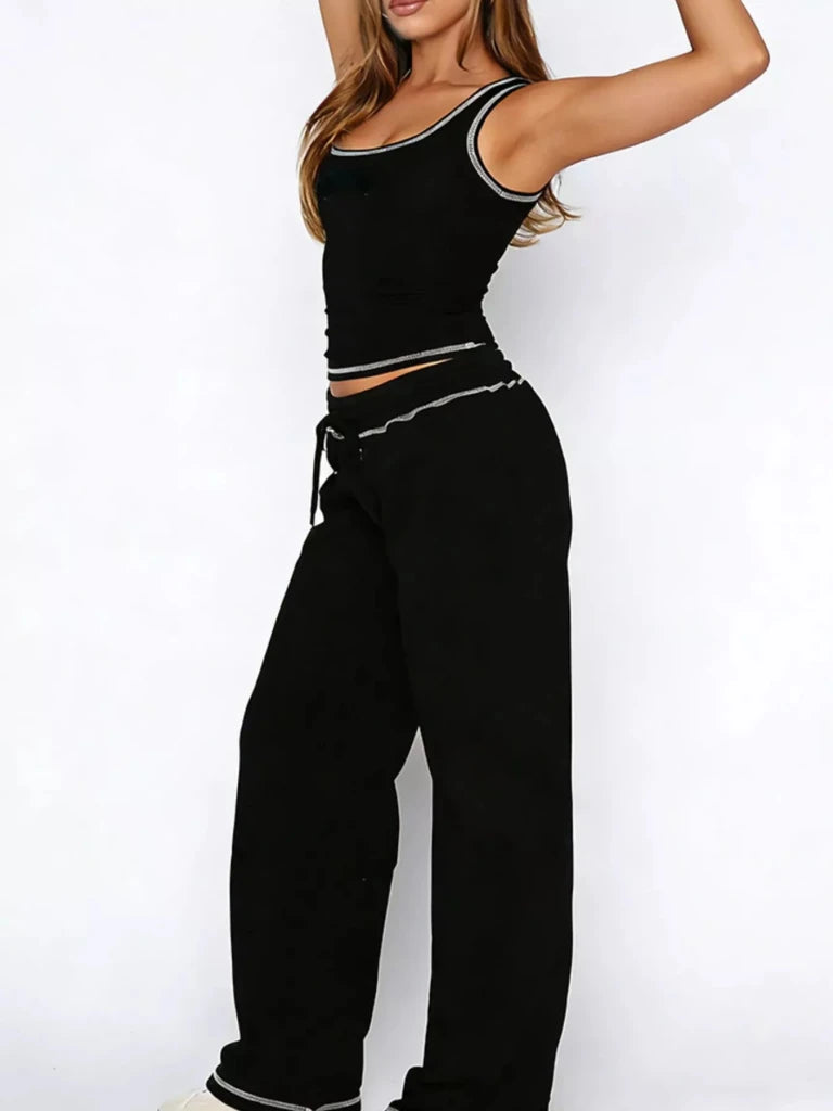 Scoop Neck Tank Top and Drawstring Pants Set - Black by Trendsi from FREYA’S CLOSET