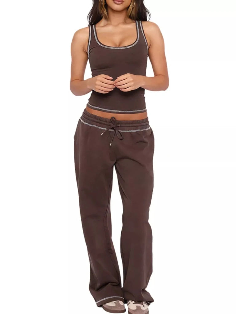 Scoop Neck Tank Top and Drawstring Pants Set - Brown by Trendsi from FREYA’S CLOSET