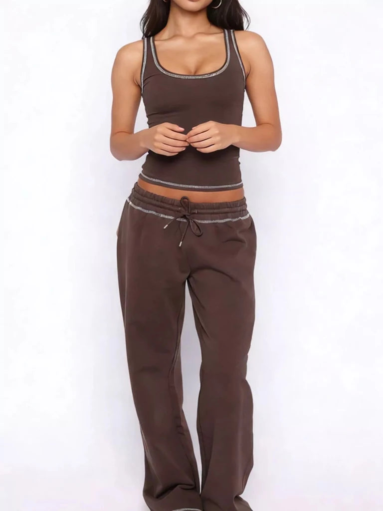 Scoop Neck Tank Top and Drawstring Pants Set - Brown by Trendsi from FREYA’S CLOSET